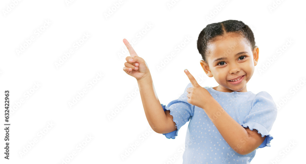 Happy little girl, portrait and pointing for advertising, list or presentation isolated on a transparent PNG background. Child or kid smile in launch or choice for notification, discount or sale Happy little girl, portrait and pointing for advertising, list or presentation isolated on a transparent PNG background. Child or kid smile in launch or choice for notification, discount or sale