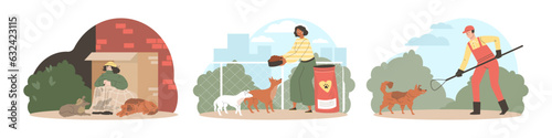 Shelter and care for stray dogs banners set, flat vector illustration isolated. photo