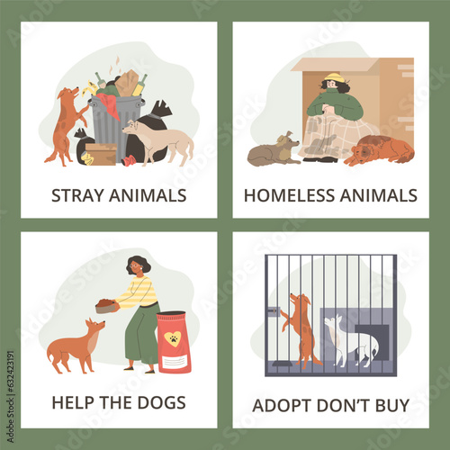 Volunteering help and care of stray animals banners flat vector illustration.