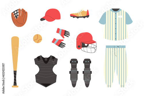 Baseball equipment set, flat vector illustration isolated on white background.