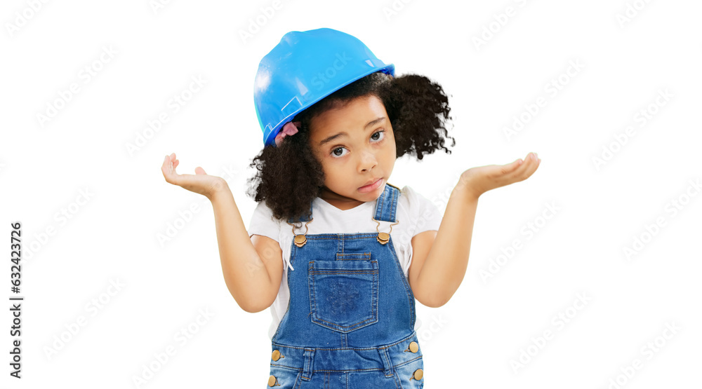Hardhat, why and child portrait with decision, confused question and uncertain. Construction shrug, play and girl with choice and doubt with builder costume isolated on transparent png background Hardhat, why and child portrait with decision, confused question and uncertain. Construction shrug, play and girl with choice and doubt with builder costume isolated on transparent png background
