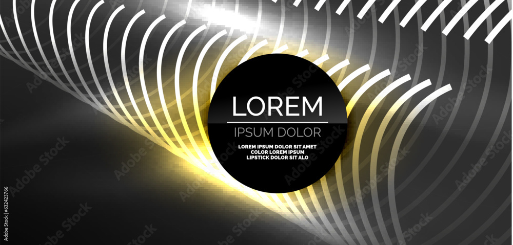 Neon laser lines, circles waves abstract background. Neon light or laser show, electric impulse, power lines, techno quantum energy impulse, magic glowing dynamic lines