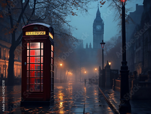 Red phone booth inthe middle of city street in light of lanterns. Evening mist. Generative Ai content.