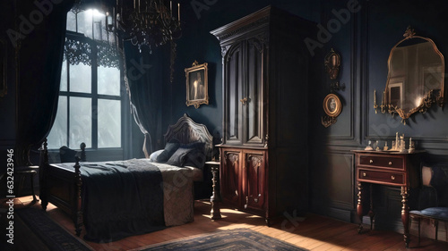 Interior architecture of an old, victorian era bedroom.