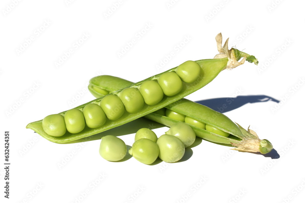 On a white background lie several pods of green peas with peas. On a white background lie several pods of green peas with peas.