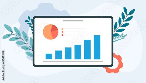 Chart tablet screen illustration depicting business operations with decorative leaves on the side