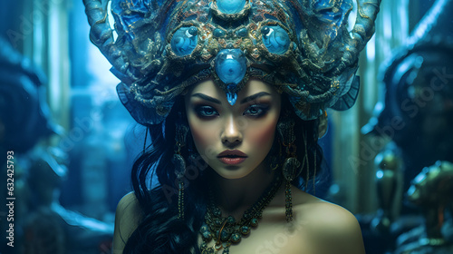 Portrait of Asian mermaid posing in deep blue sea palace, mythic style wearing crown