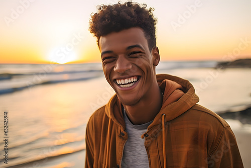 An African young man in buff color hoody smiling happily on the beach at sunset  © 1by1step