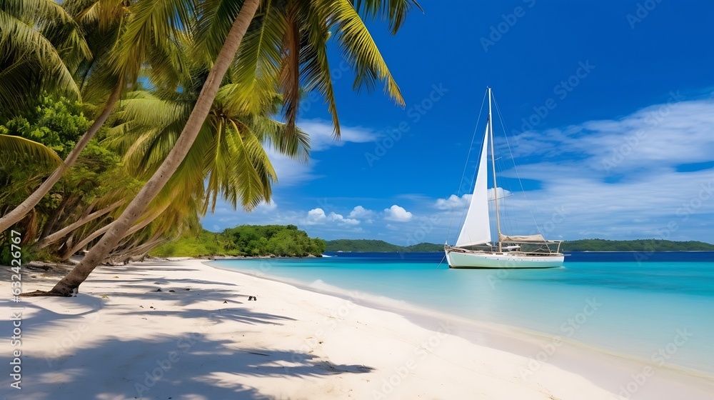 Generative AI : Beautiful landscape of tropical beach on Boracay island, Philippines. Coconut palm trees, sea, sailboat and white sand. Nature view. Summer vacation concept.