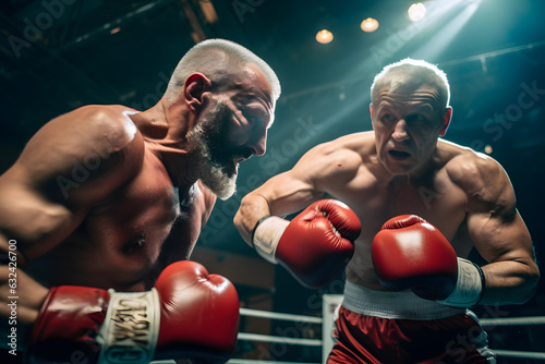 Two professional elderly men boxer boxing on ring stage with light shine upon them photo