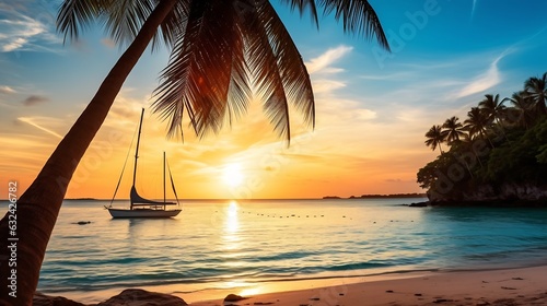 Generative AI : Beautiful landscape of tropical beach on Boracay island, Philippines. Coconut palm trees, sea, sailboat and white sand. Nature view. Summer vacation concept. photo