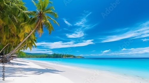 Generative AI : Beautiful landscape of tropical beach on Boracay island, Philippines. Coconut palm trees, sea, sailboat and white sand. Nature view. Summer vacation concept. © The Little Hut