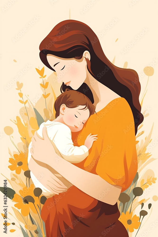 Generative AI : adult woman holding her baby son with love to illustrate mother's day or motherhood minimalist vector illustration