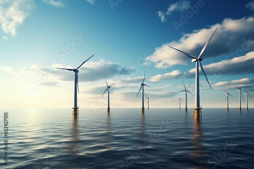 Generative AI : Offshore wind energy. Offshore wind turbines farm on the ocean. Sustainable energy production, clean power.
