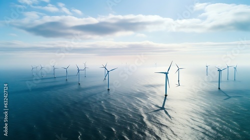 Generative AI   Offshore wind energy. Offshore wind turbines farm on the ocean. Sustainable energy production  clean power.