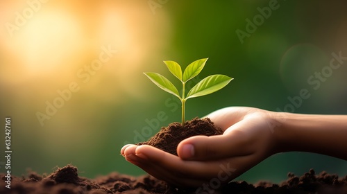 Generative AI : Human hands holding small plant over blurred house on rainy with nature background. Ecology concept.