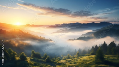 Generative AI : Colored sunrise in forested mountain slope with fog