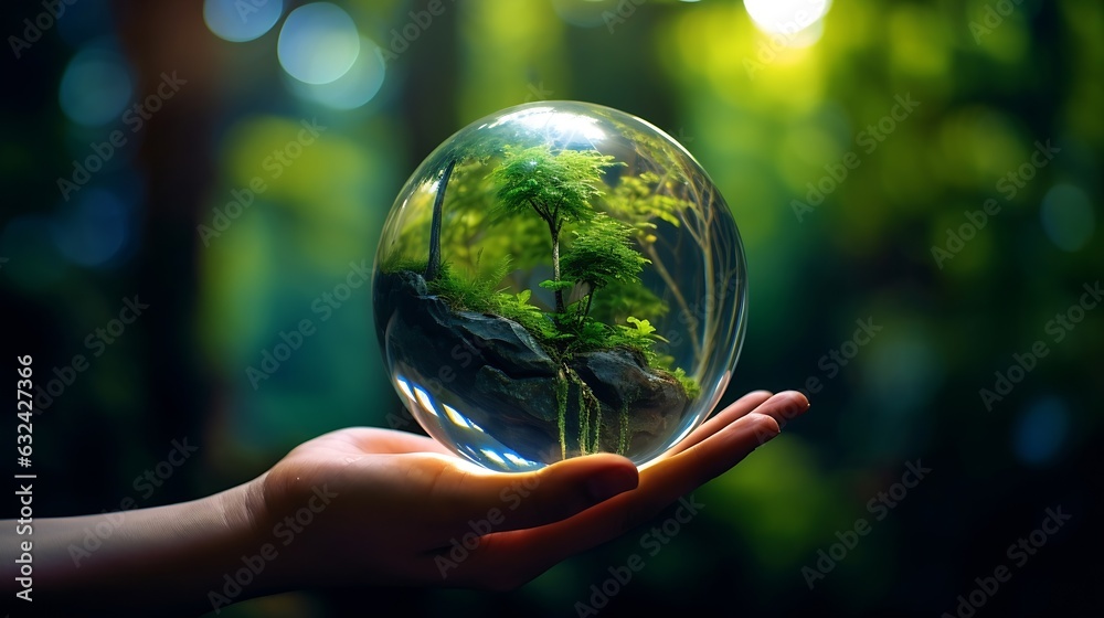 Generative AI : Hands Holding Globe Glass In Green Forest - Environment Concept