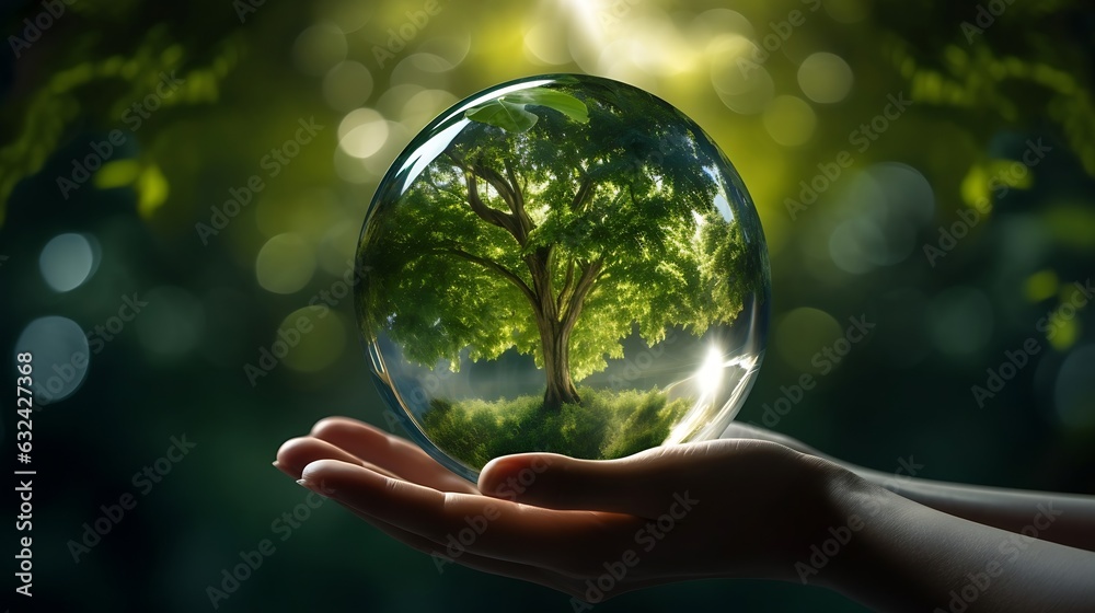 Generative AI : Hands Holding Globe Glass In Green Forest - Environment Concept