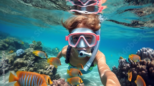Photographie Generative AI : Happy family - active kid in snorkeling mask dive underwater, see tropical fishes in coral reef sea pool