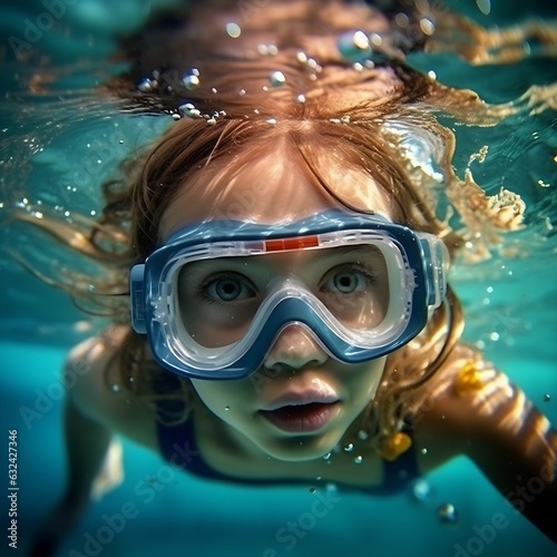 Generative AI : Happy family - active kid in snorkeling mask dive underwater, see tropical fishes in coral reef sea pool. Travel adventure, swimming activity on summer beach vacation with child. © The Little Hut