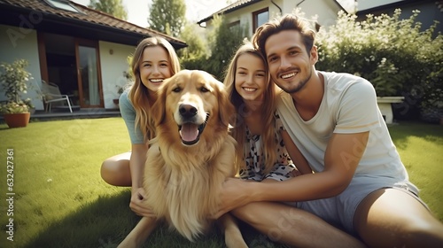 Generative AI : Smiling Beautiful Family of Four Posing with Happy Golden Retriever Dog on the Backyard Lawn. Idyllic Family Cuddling Loyal Pedigree Dog Outdoors in Summer House Backyard.