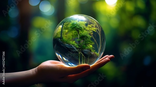 Generative AI : Hands Holding Globe Glass In Green Forest - Environment Concept