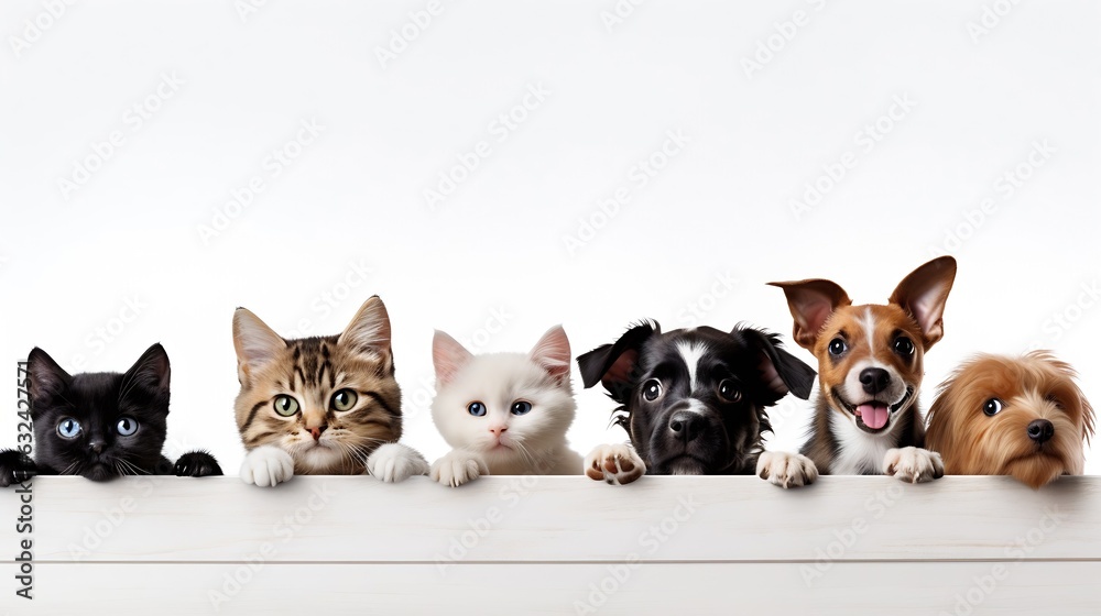 Generative AI : Row of the tops of heads of cats and dogs with paws up, peeking over a blank white sign. Sized for web banner or social media cover