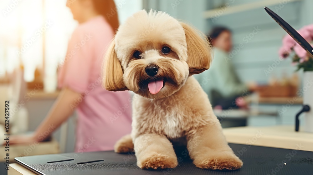 Generative AI : Professional groomer cut fur with scissors and clipper at the little smile dog labradoodle. Funny dog sitting at the grooming salon or vet clinic and looked trustingly - obrazy, fototapety, plakaty 