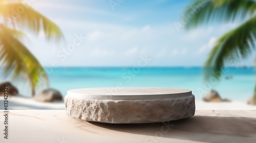 Generative AI : Summer sand and tropical sea background with abstract stone podium © The Little Hut