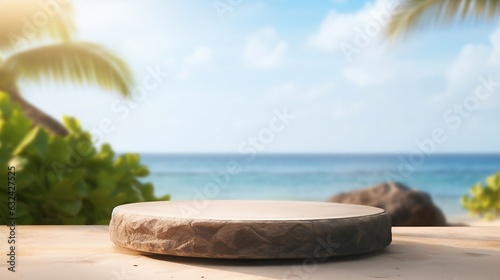 Generative AI   Summer sand and tropical sea background with abstract stone podium