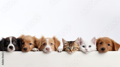 Generative AI : Row of the tops of heads of cats and dogs with paws up, peeking over a blank white sign. Sized for web banner or social media cover