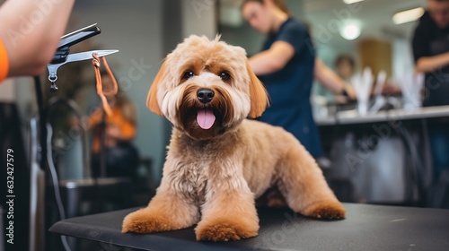 Generative AI : Professional groomer cut fur with scissors and clipper at the little smile dog labradoodle. Funny dog sitting at the grooming salon or vet clinic and looked trustingly photo