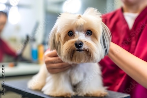 Generative AI : Professional groomer cut fur with scissors and clipper at the little smile dog labradoodle. Funny dog sitting at the grooming salon or vet clinic and looked trustingly photo