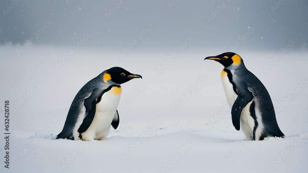 Fototapeta premium two penguins standing in the snow facing each other with a sky background