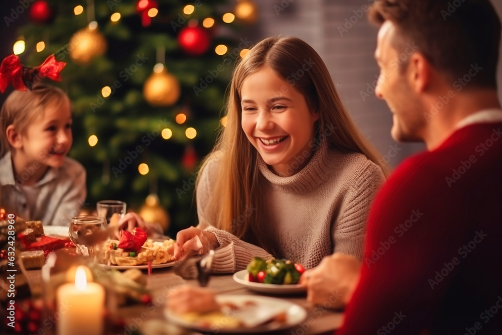 Winter holidays and people concept - father with daughter at the table celebrates christmas and new year. Home holiday. Blurred background. Selective focus. Winter holidays and people concept - father with daughter at the table celebrates christmas and new year. Home holiday. Blurred background. Selective focus.