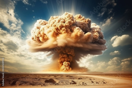 Nuclear explosion in the desert. Puffs of sand and ash against the sky. Apocalypse. War. Nuclear threat. Third World War.
