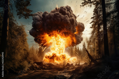 Powerful bomb explosion in the forest or taiga. Fallen trees fire and flames. Apocalypse. War. military threat. Third World War.