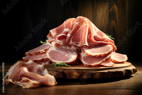 Sliced ham on wooden cutting board. Fresh prosciutto. Pork ham sliced. photo