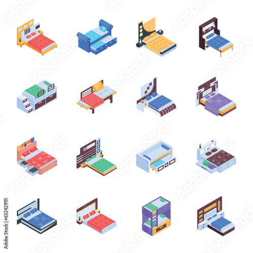 Pack of Modern Bedrooms Isometric Icons
