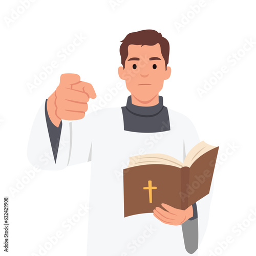 Young Catholic Priest Holds a Cross in Front of Him. the Concept of Driving Out the Devil and Evil Spirits. Pointing and holding bible.
