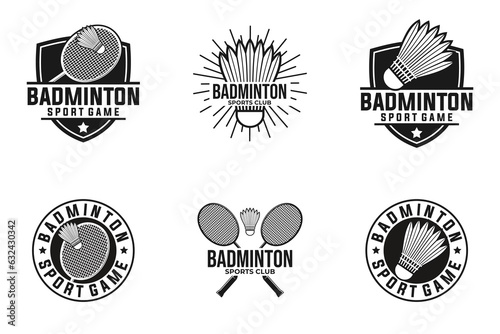 badminton vector graphic template set. illustration collection of sport tournament in badge emblem retro style.