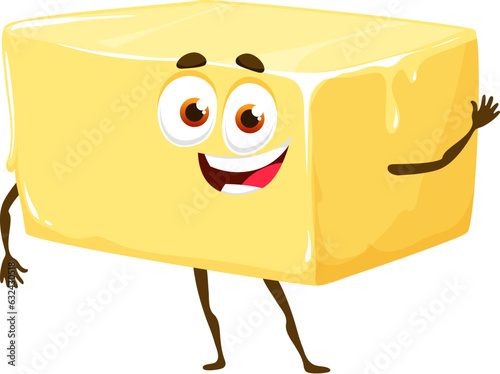 Cartoon butter keto diet food character. Natural nutrition cheerful mascot, healthy food dairy product isolated vector comical character or keto diet piece of butter happy smiling personage