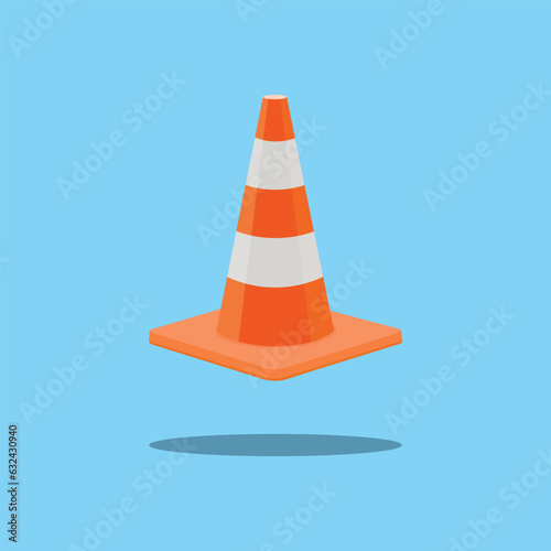 Vector illustration of plastic barrier and traffic cone, construction and safety tool. White and orange traffic cone in cartoon flat style. Safety barrier blocking pathway isolated blue background