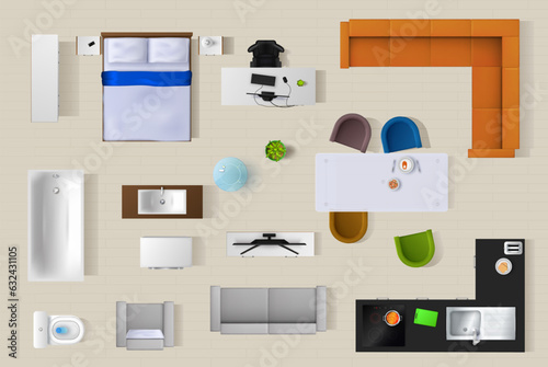 Top view interior furniture 3d vector set. Bed, sofa, bath tub or toilet. Workplace desk with armchair, kitchen table and sink. Tv set, couch, coffee table, houseplant isolated apartment elements