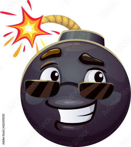 Cartoon bomb character. Explosive, weapon personage with a wide smile and burning fuse wearing sunglasses. Isolated vector cool and cheerful tnt ball happy emoji brings a playful and energetic vibe