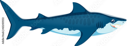 Cartoon sand tiger shark character. Isolated vector large, formidable species with distinctive appearance and fierce demeanor, slender body, sharp teeth, and an intimidating presence in the ocean