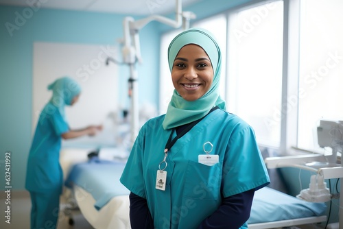 Muslim Hijabi Female nurse smiling at the camera, Workers of Healthcare profession portrait