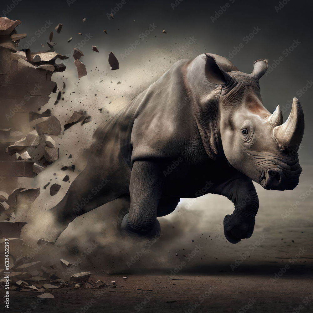 Obraz premium A rhino runs through a brick wall. The goal concept is to overcome obstacles.generative AI