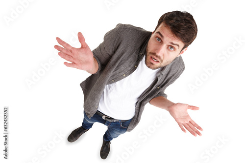 Confused, shrug and above man portrait with why on isolated, transparent and png background. Top view, face and guy model with doubt, questions or choice, decision and whatever, emoji or dont know